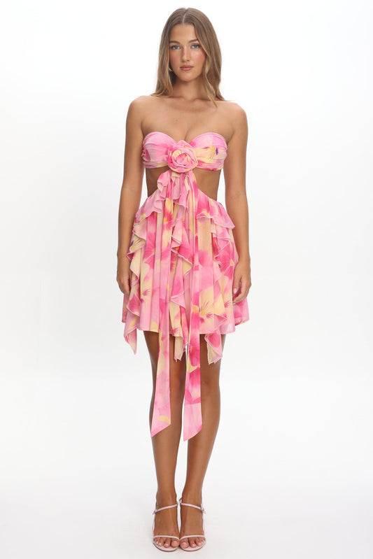 Santiago Cut-Out Ruffle Mini Dress Print Pink