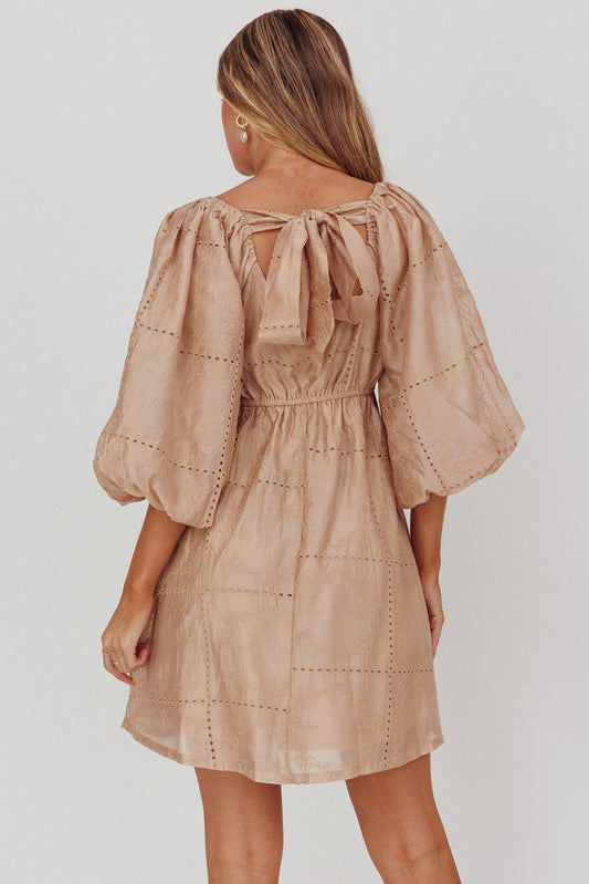 Summerlin Puff Sleeve Eyelet Mini Dress Beige