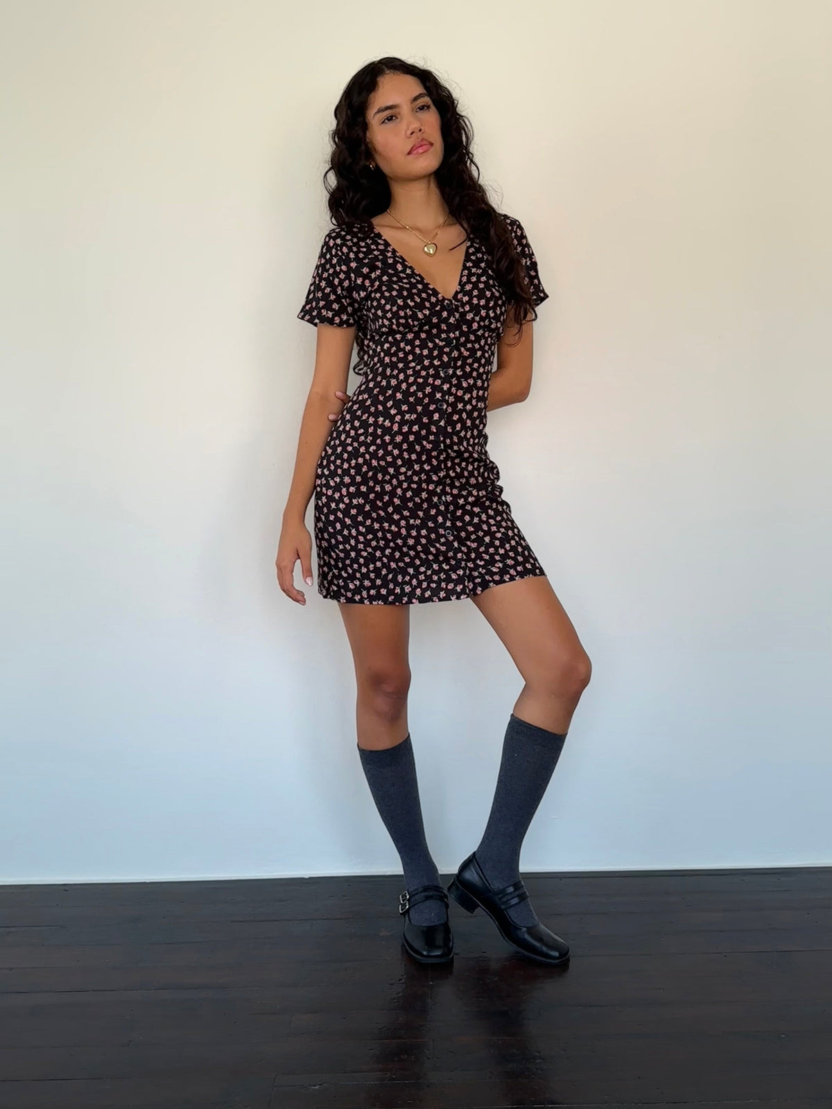 Field Trip Button Front Mini Dress Black Floral
