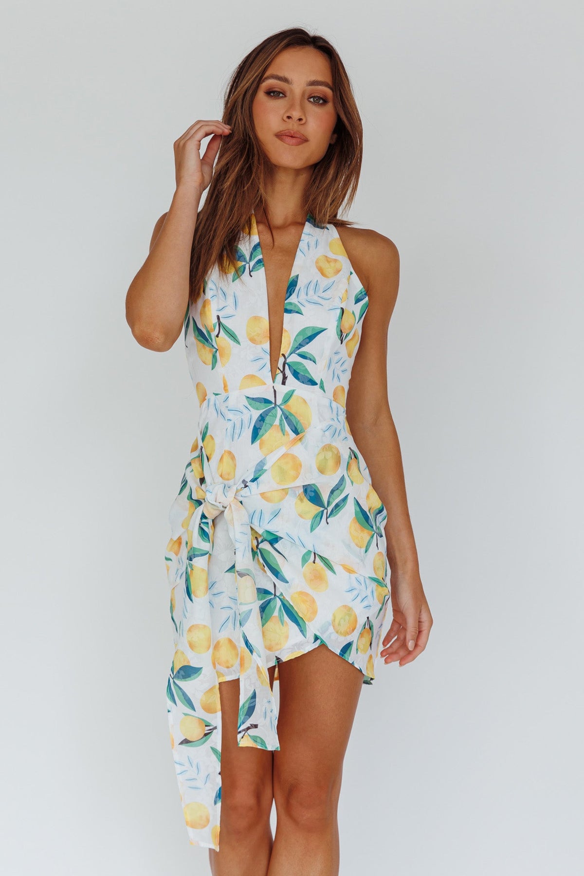 Euro Trip Halter Wrap Mini Dress Lemon