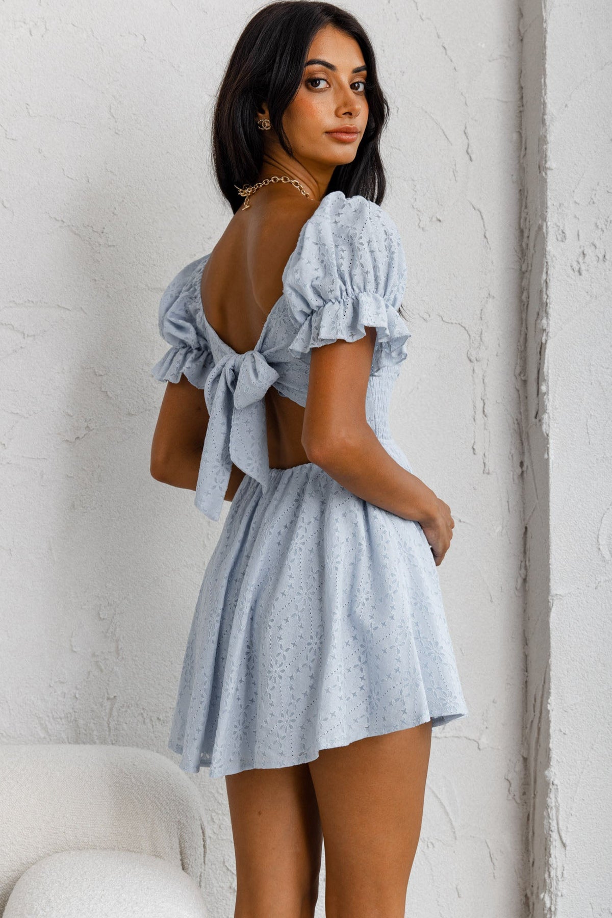 Buongiorno Bella Shirred Lace Up Bodice Mini Dress Blue