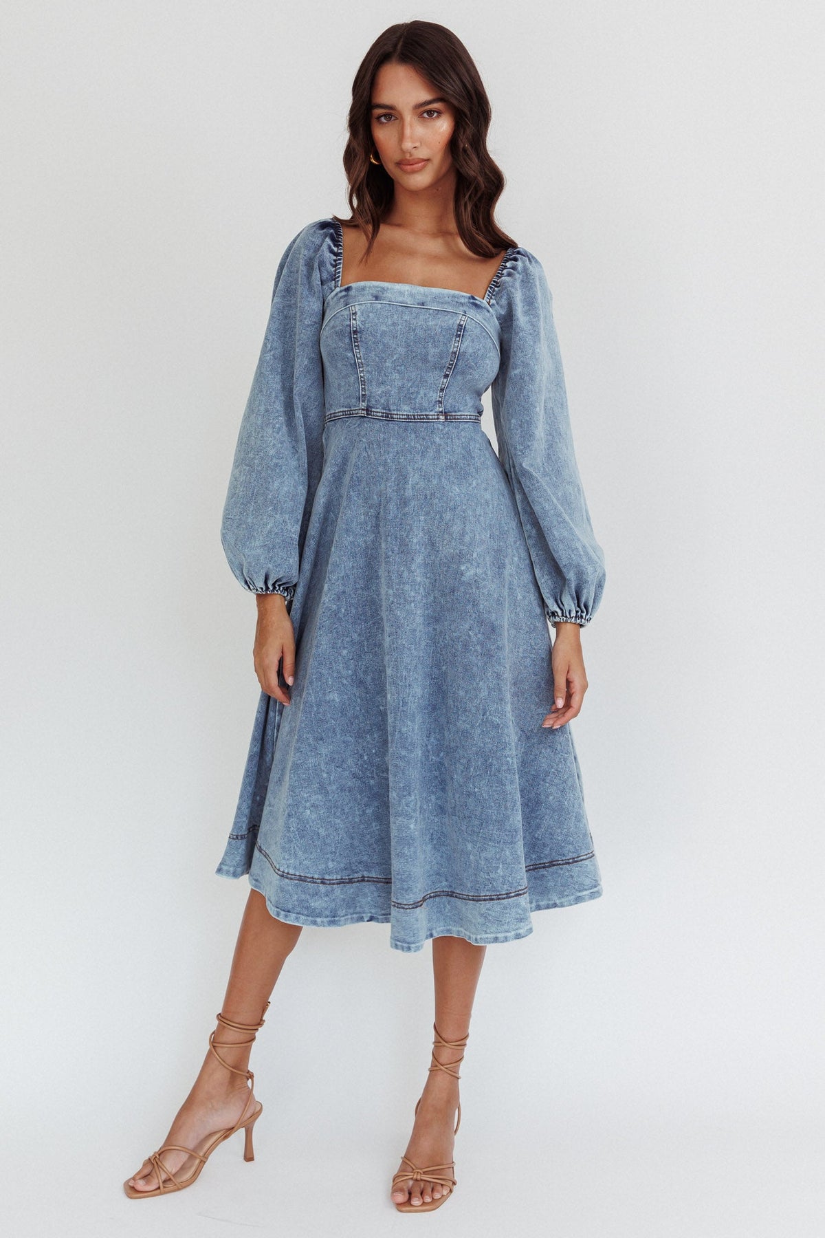 Jeanie Long Sleeve Midi Dress Denim Blue