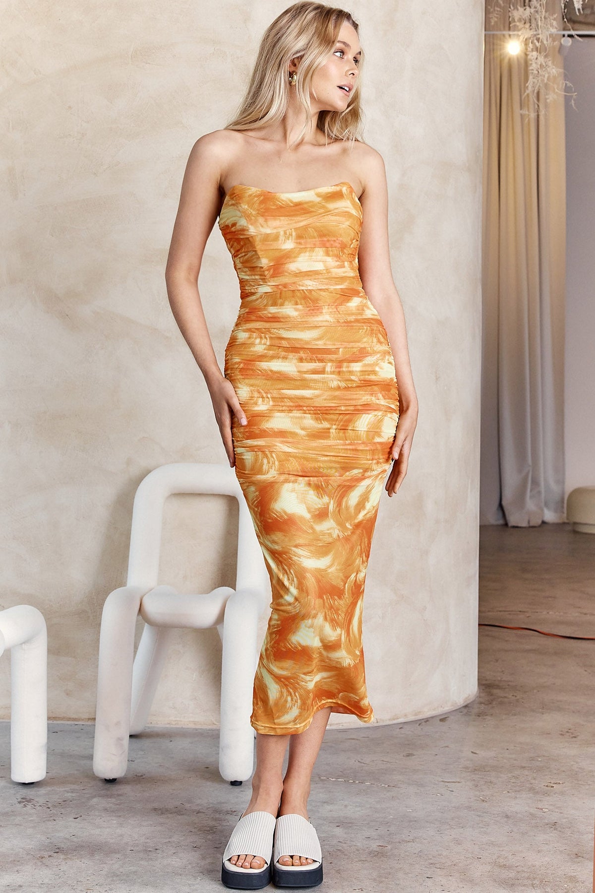Logan Strapless Ruched Midi Dress Orange