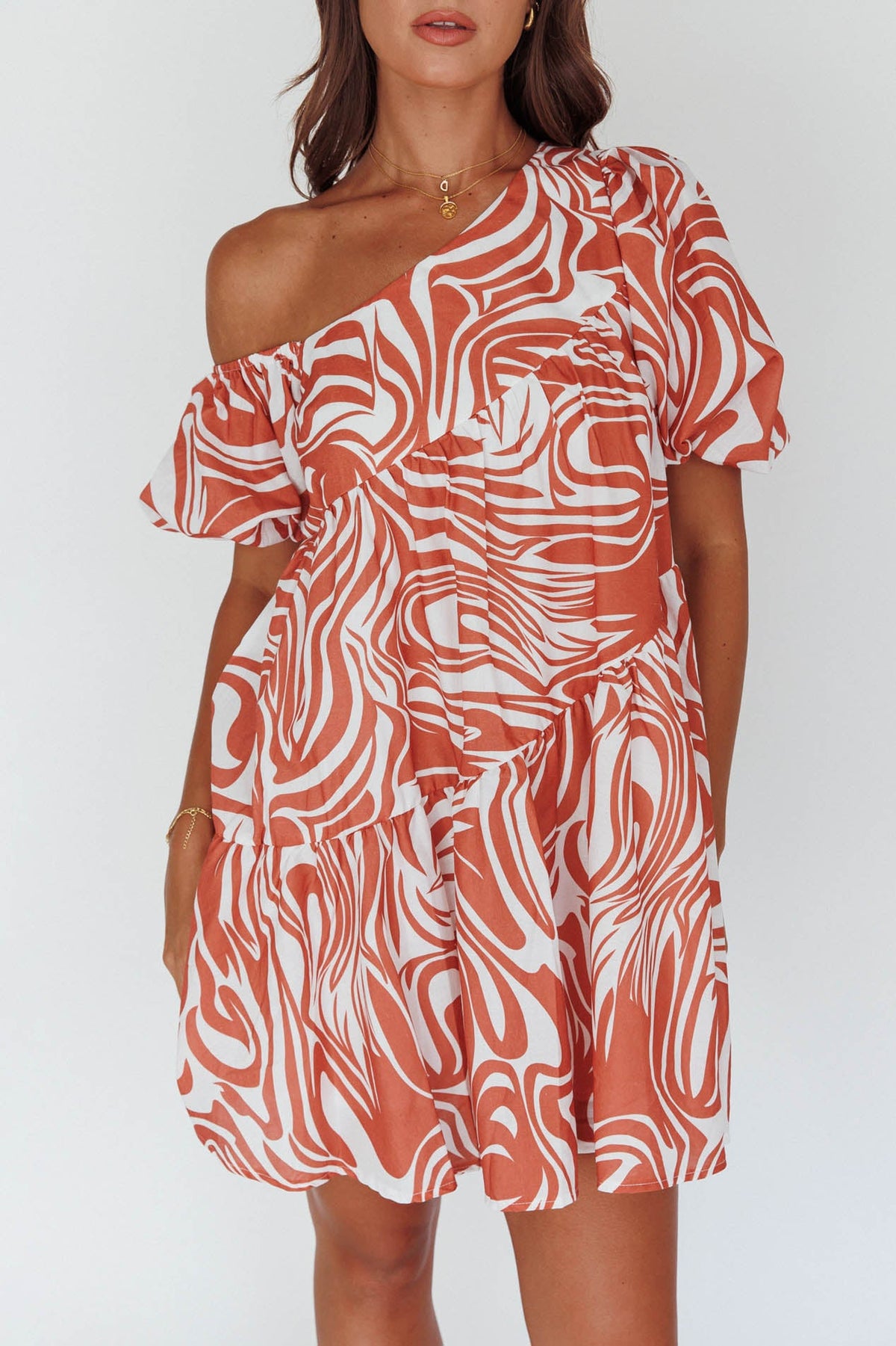 Villa Puff Sleeve One-Shoulder Dress Terracotta