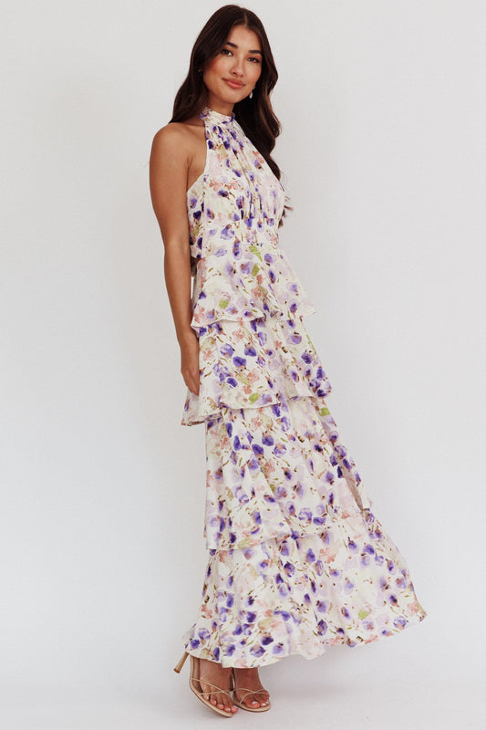 Provence Bloom Tiered Halterneck Dress Blue