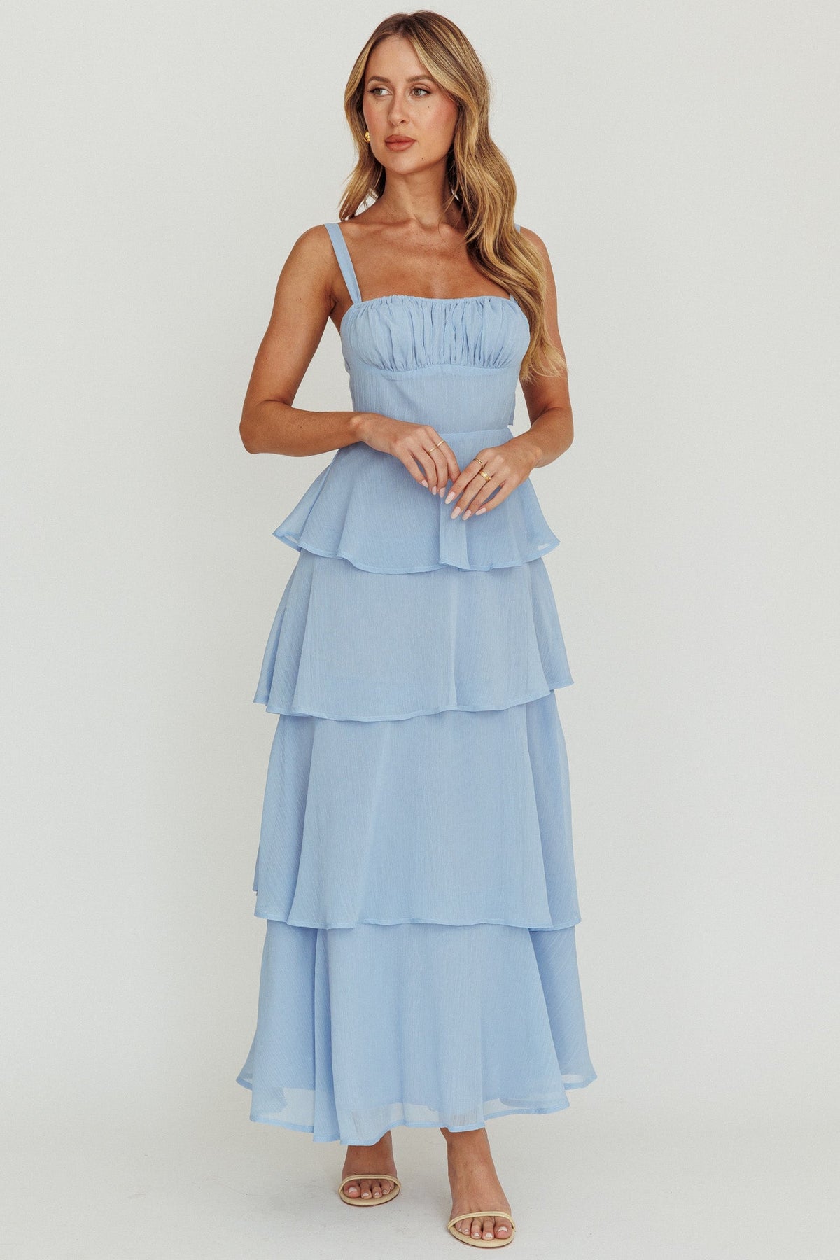 Provence Bloom Tiered Ruffle Maxi Dress Sky Blue