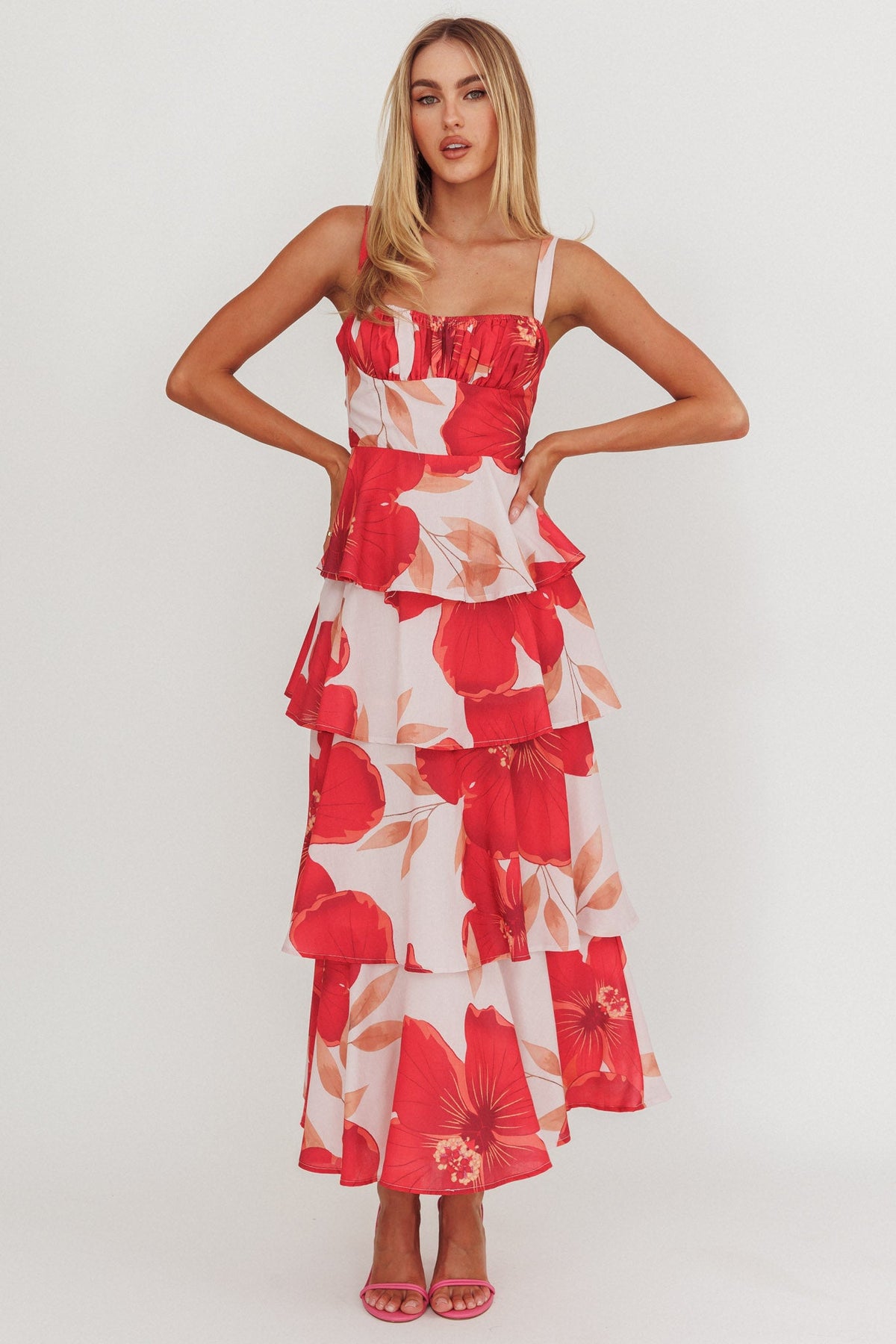 Provence Bloom Tiered Ruffle Floral Maxi Dress Blush