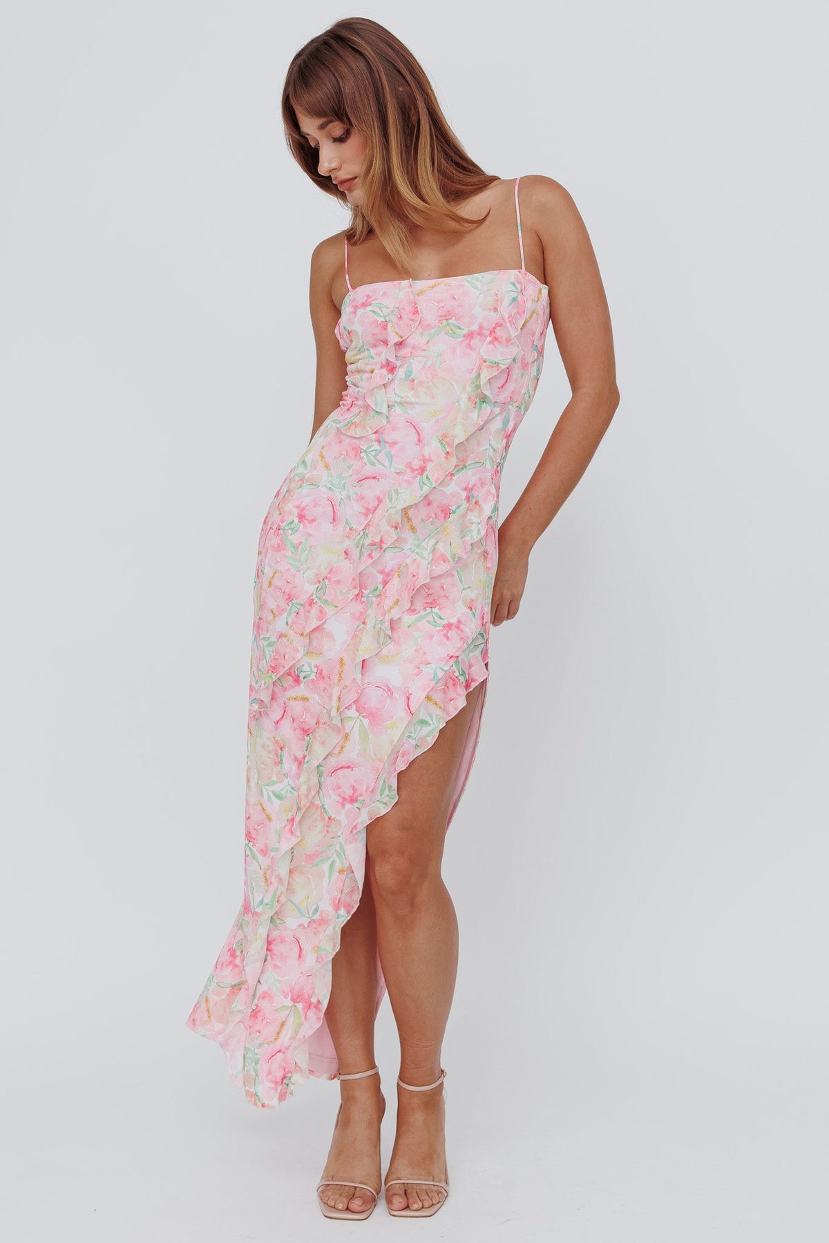 Catriona Split Ruffle Midi Dress Floral Yellow