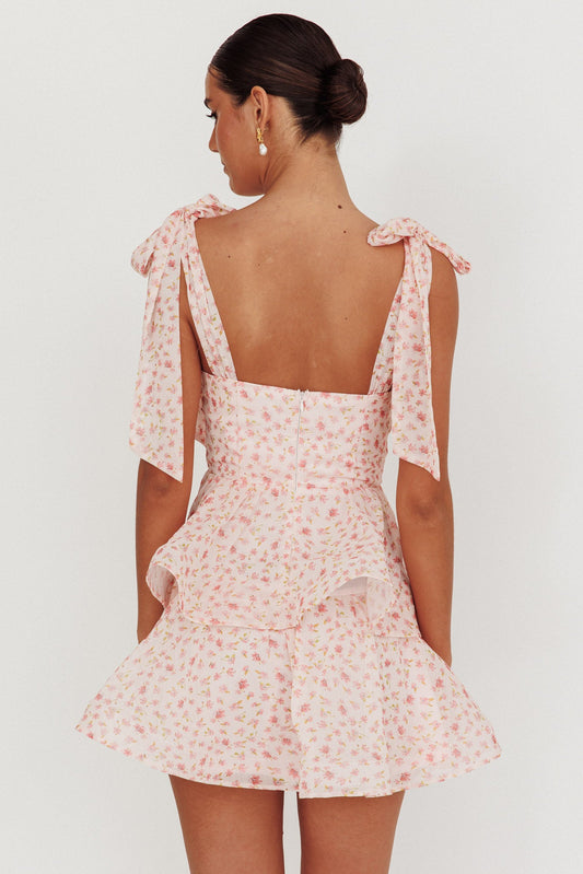 Oliana Tied Shoulder Tiered Mini Dress Peach