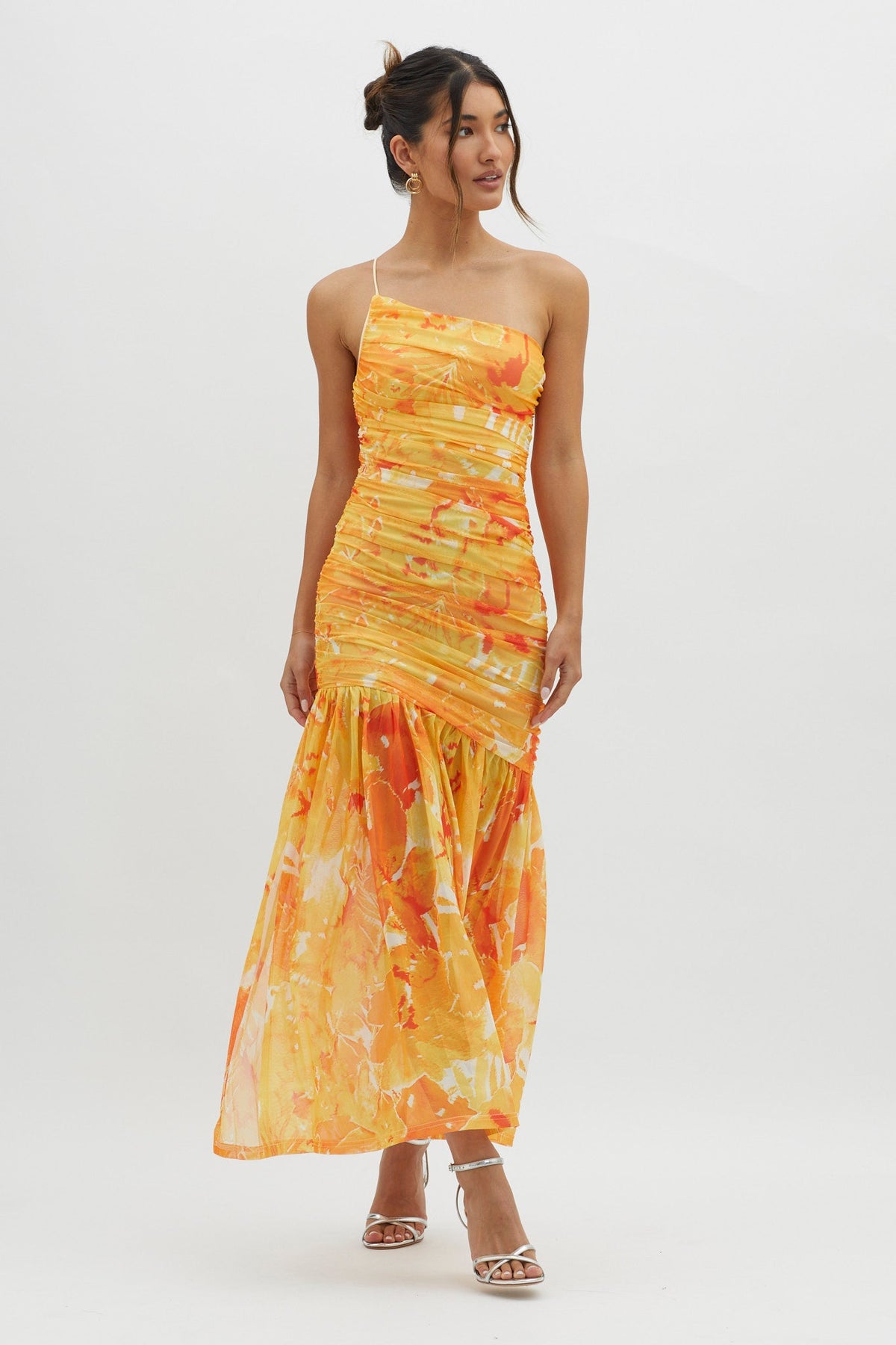Golden Sun One-Shoulder Ruched Maxi Dress Yellow