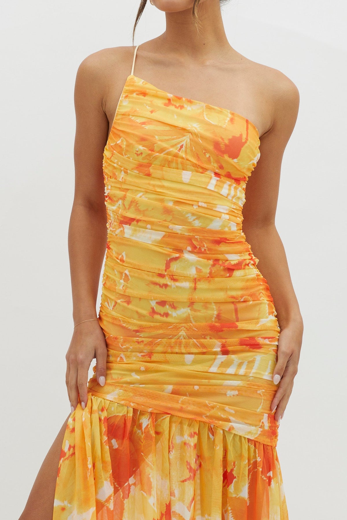 Golden Sun One-Shoulder Ruched Maxi Dress Yellow