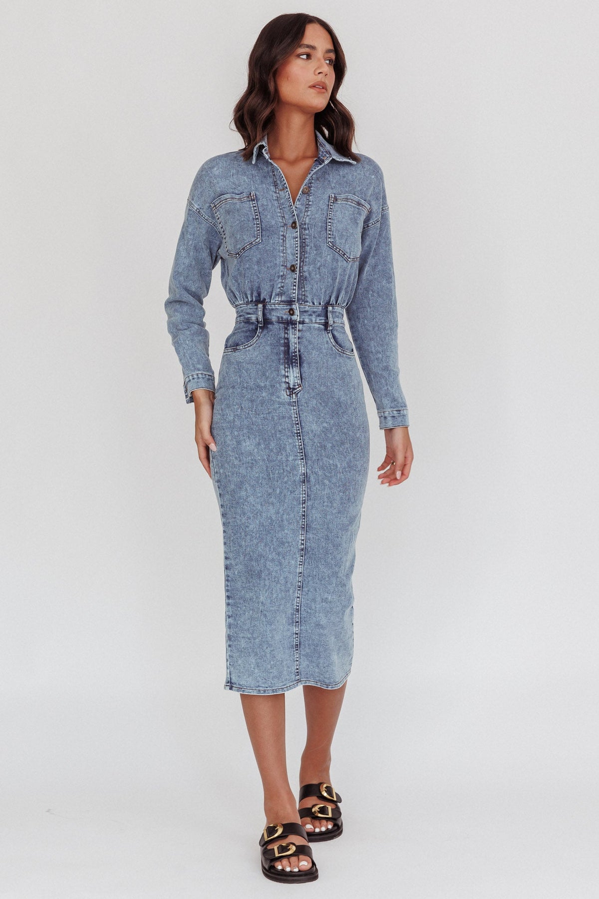 Light Inside Long Sleeve Midi Dress Denim Blue
