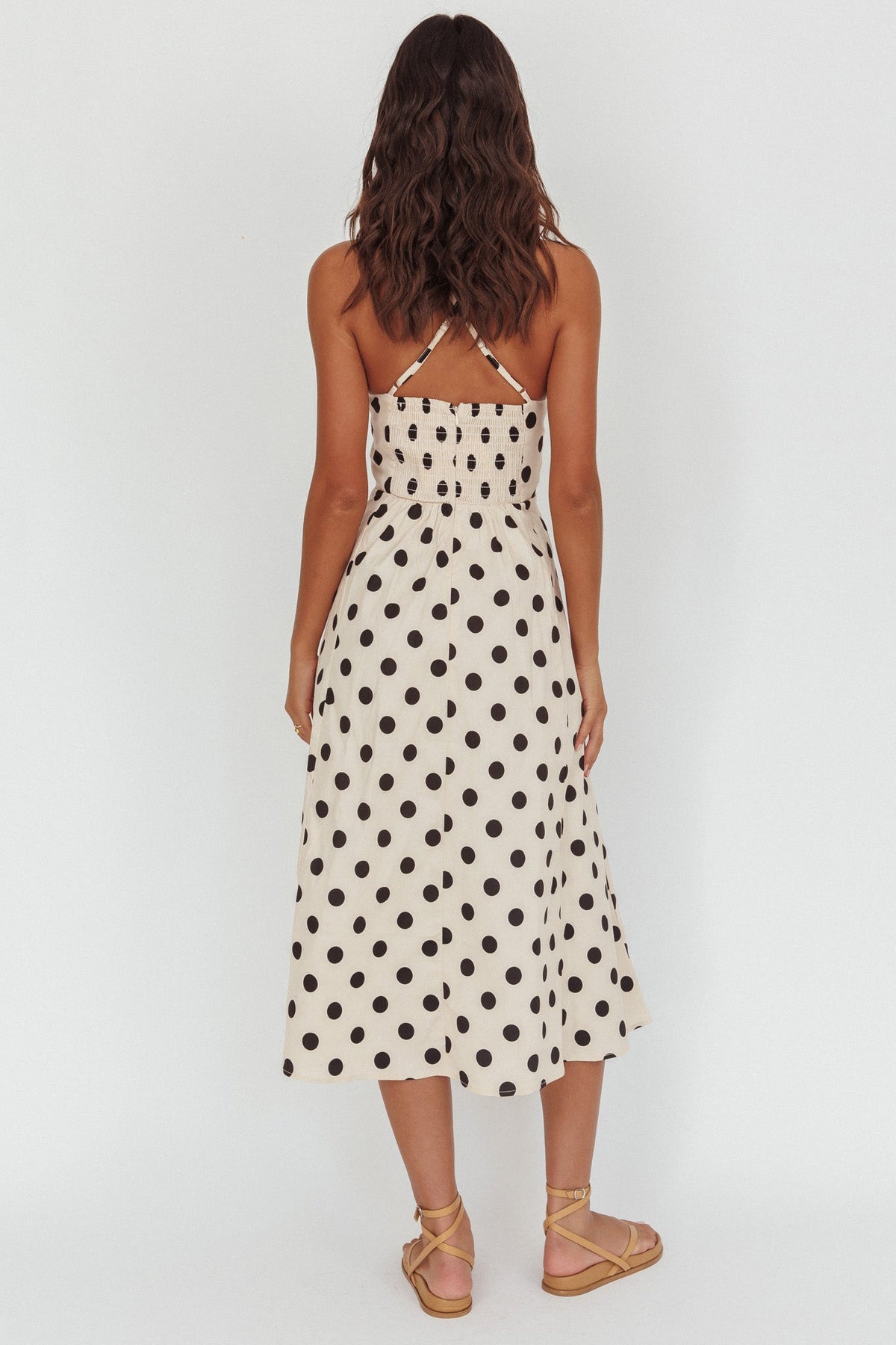 Second Glance Olga Criss-Cross Back Midi Dress Polka Dot Beige