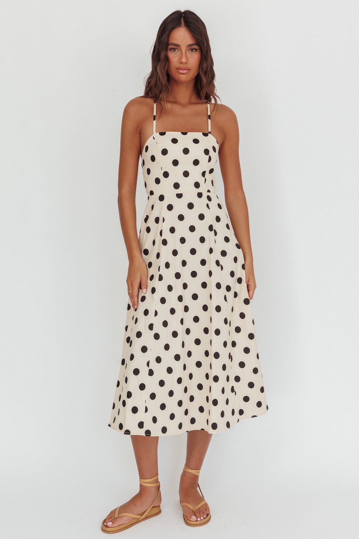 Second Glance Olga Criss-Cross Back Midi Dress Polka Dot Beige