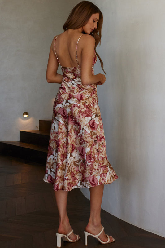 Downtown Cami Strap Front Split Midi Dress Abstract Rose