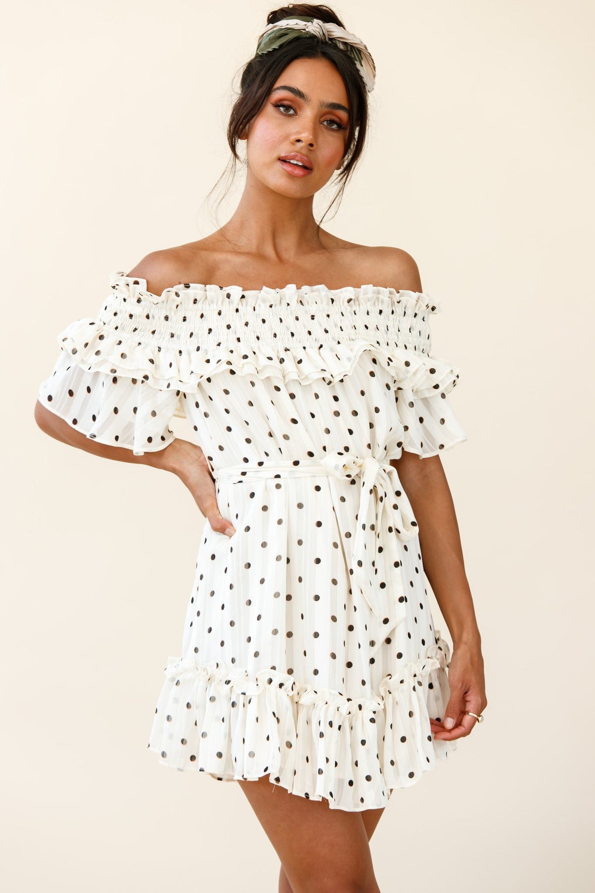 Rita Shirred Off-Shoulder Dress Polka Dot Print White