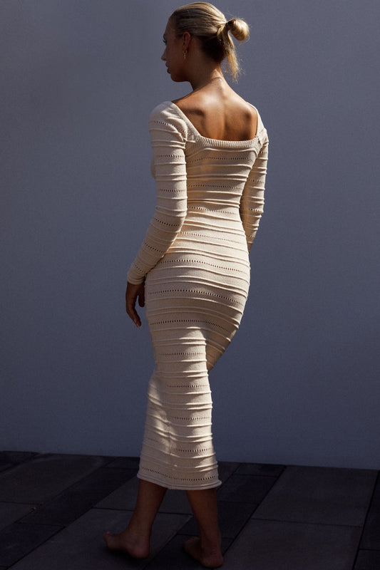 Beachside Crochet Knit Long Sleeve Midi Dress Oat