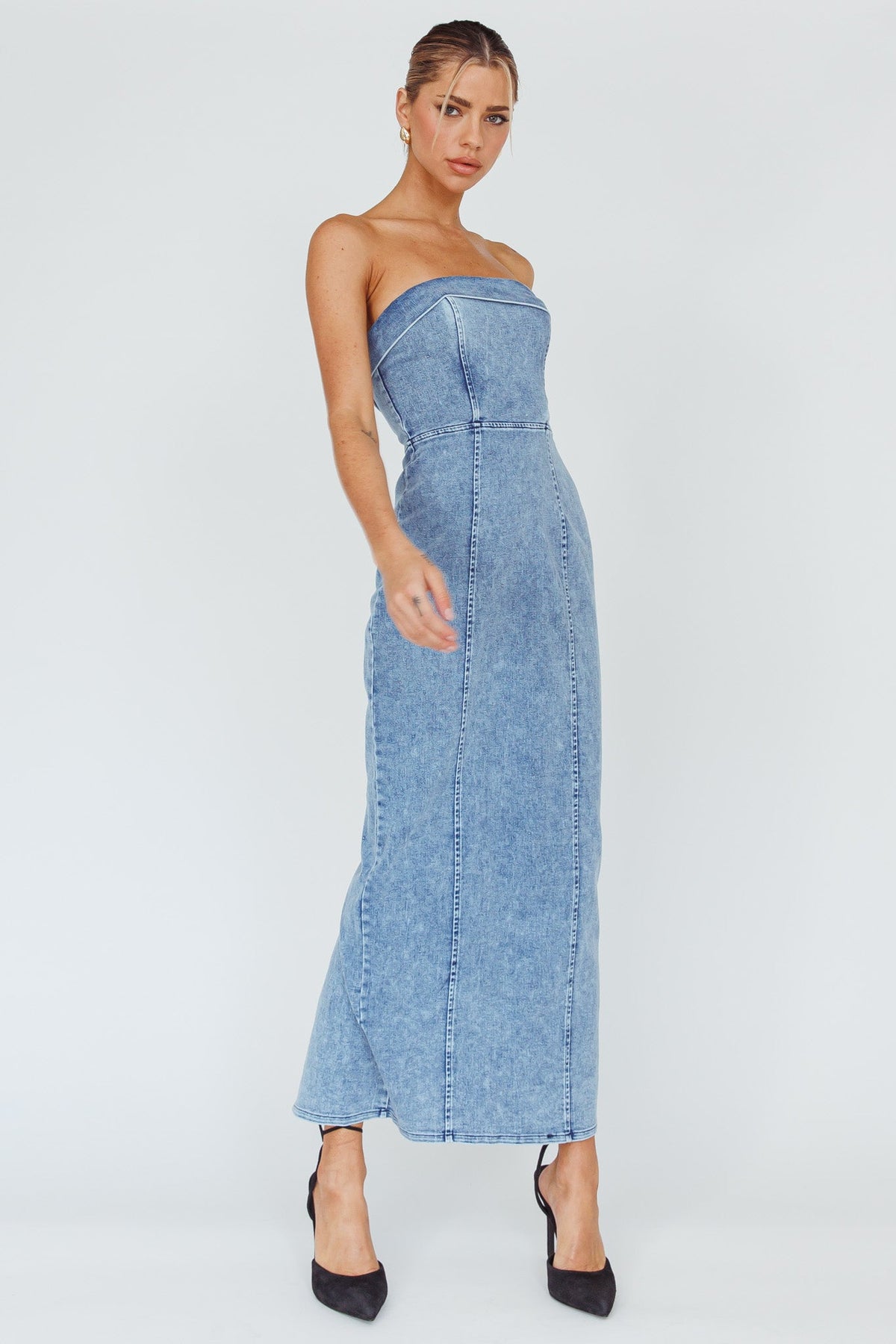 Press Play Strapless Maxi Dress Denim Blue