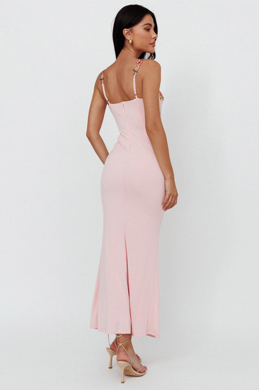 Rose Garden Floral Applique Laced Midi Dress Baby Pink