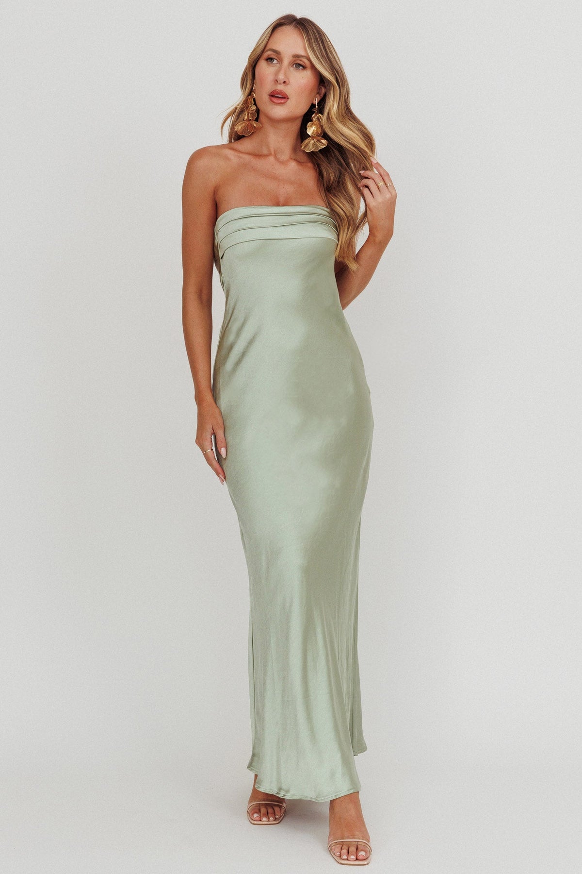 Kona Strapless Pleated Bust Satin Maxi Dress Sage