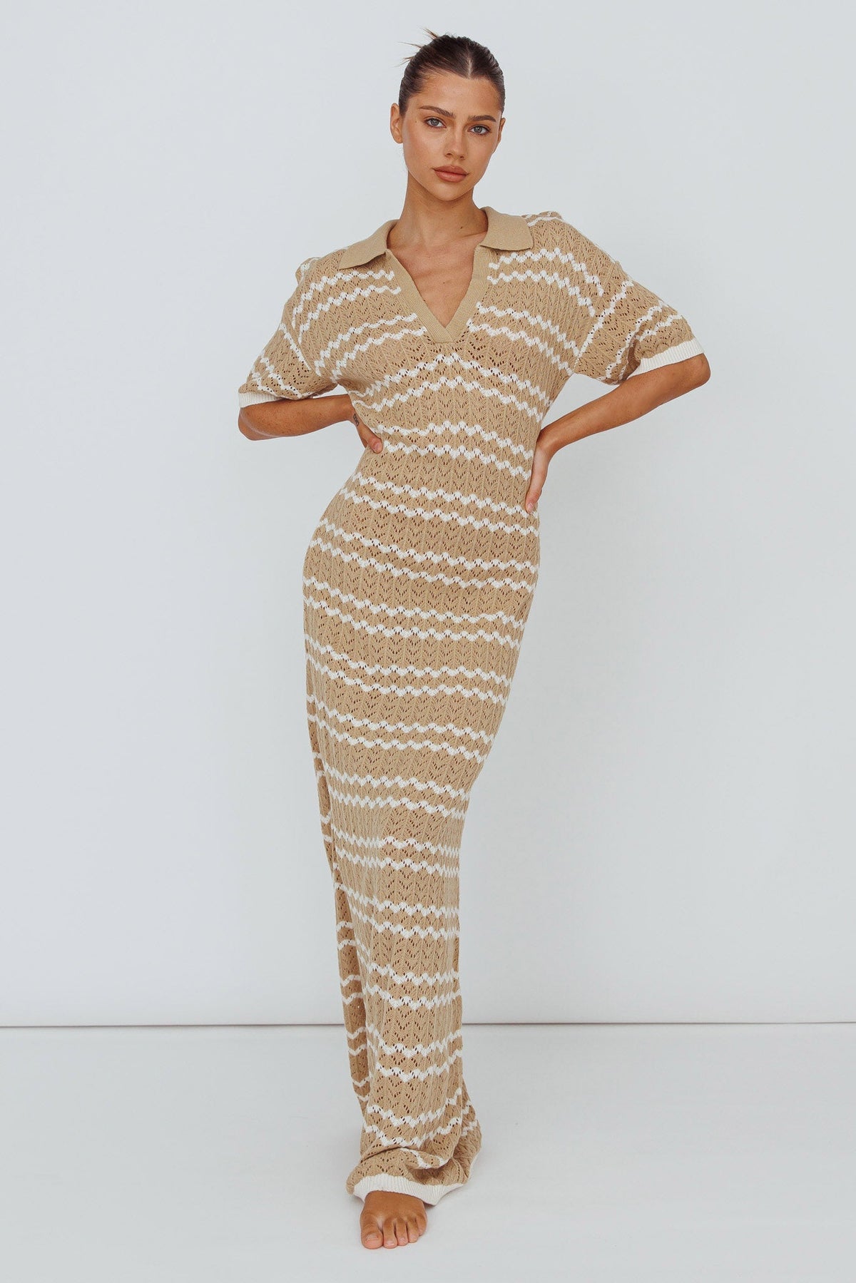 Clearwater Crochet Short Sleeve Maxi Dress Beige/White