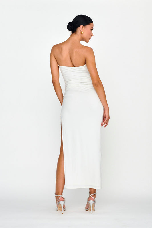 Affections Drawstring Ruched Split Maxi Dress White