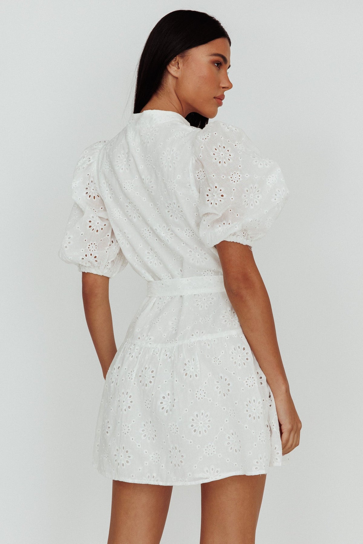 Serita Belted Puff Sleeve Eyelet Mini Dress White