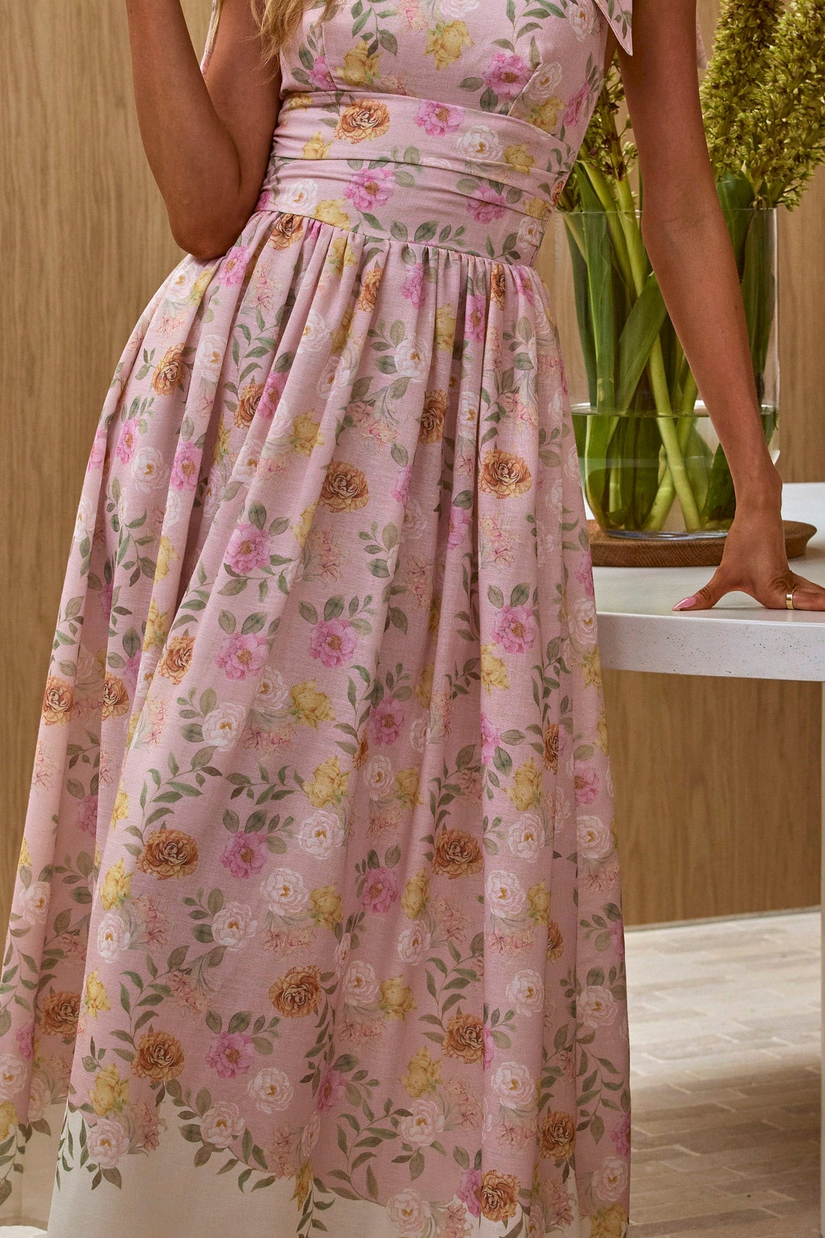 Dua Tied Shoulder Maxi Dress Floral Peach