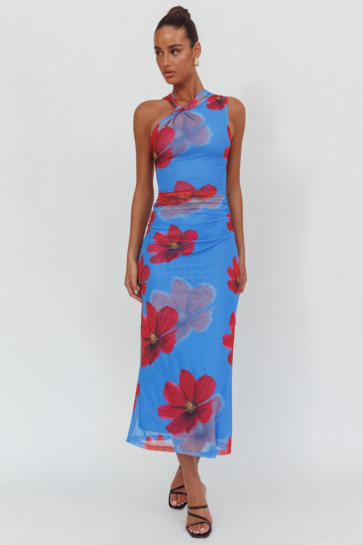 On Air Twist Neck Maxi Dress Floral Blue