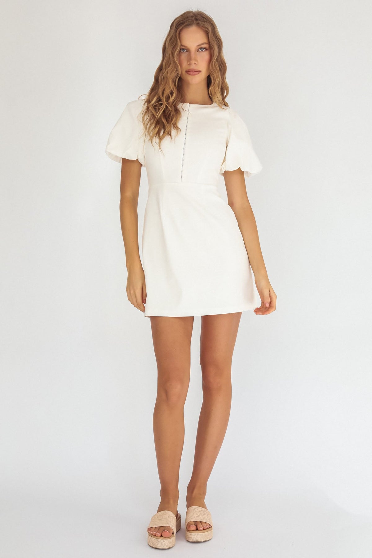 Leronne Hook & Eye Puff Sleeve Mini Dress White