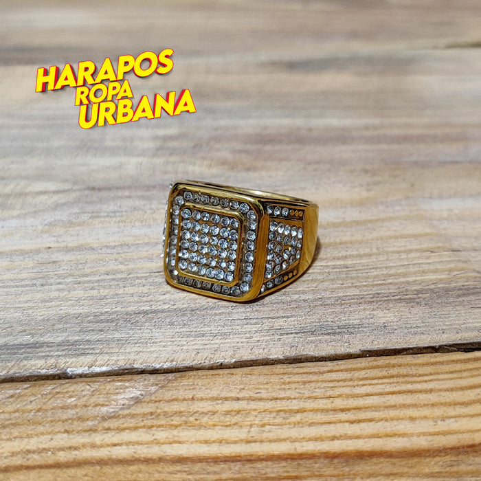 Anillo de acero dorado con diamantes borde doble