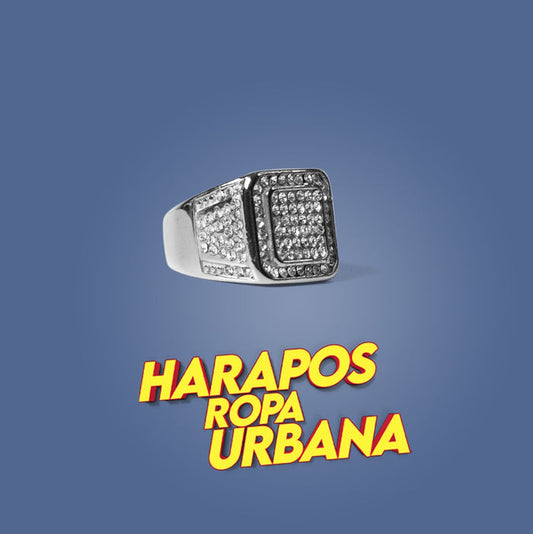Anillo de acero plateado con diamantes borde doble