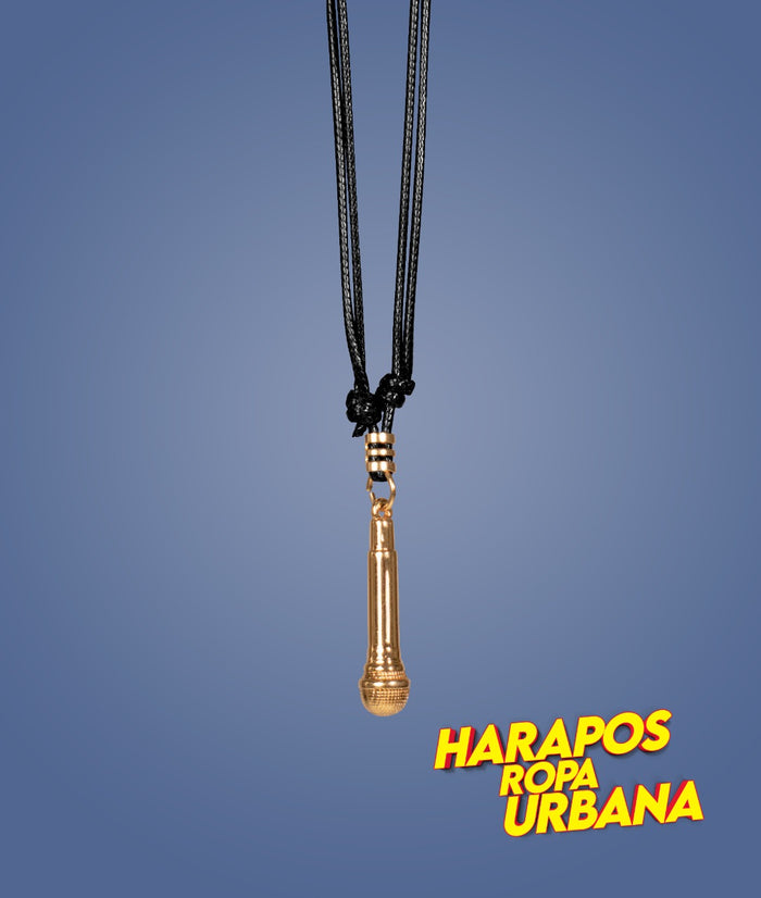 Cadena de cuero negro dije micfrofono dorado