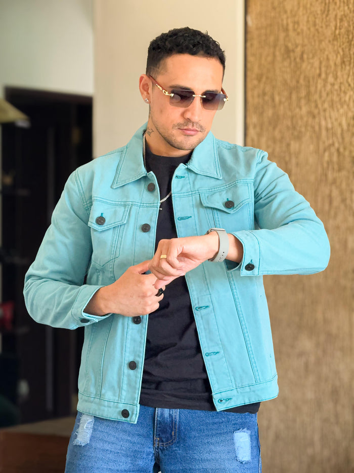 Chaqueta jean essentials basico celeste pastel
