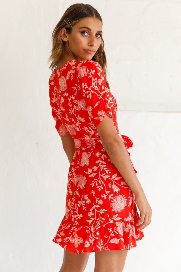 Wonderland Wrap Front Tea Dress Floral Print Red