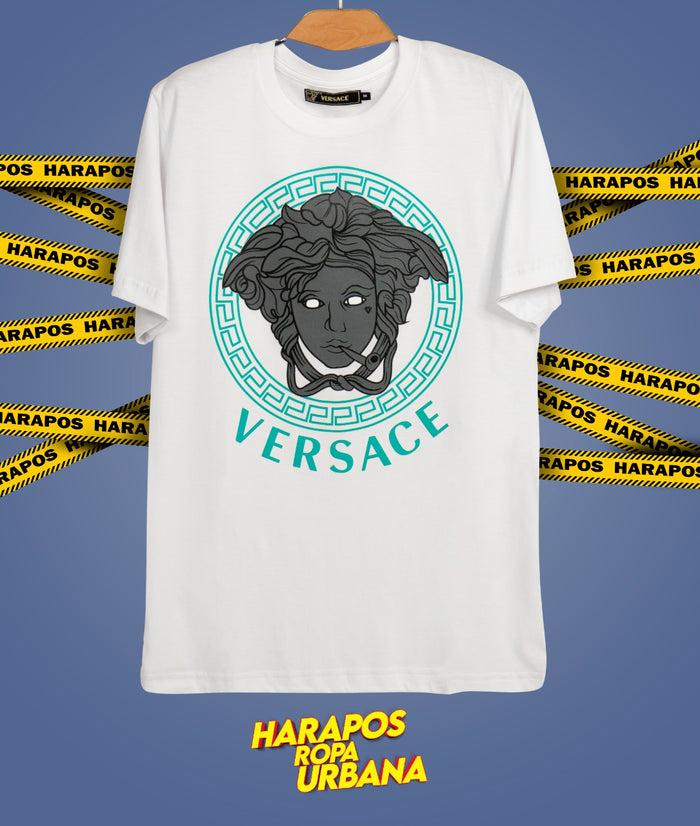 Polera versace blanca medusa ploma con circulo verde