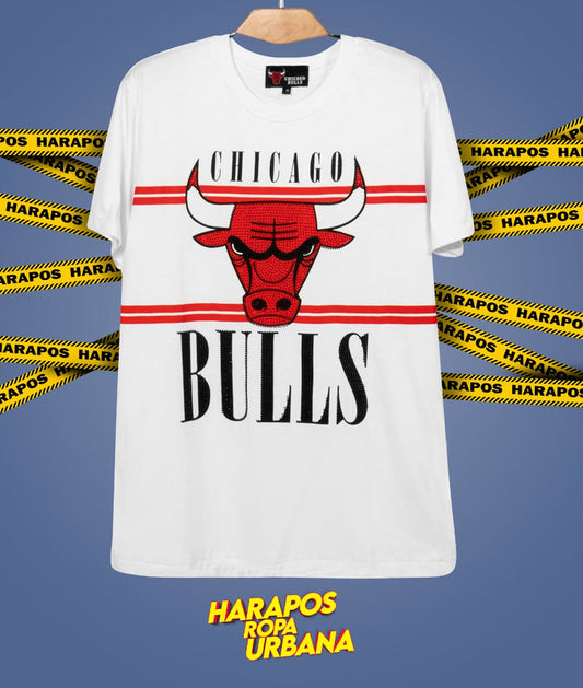Polera chicago bulls blanco toro con lentejuelas