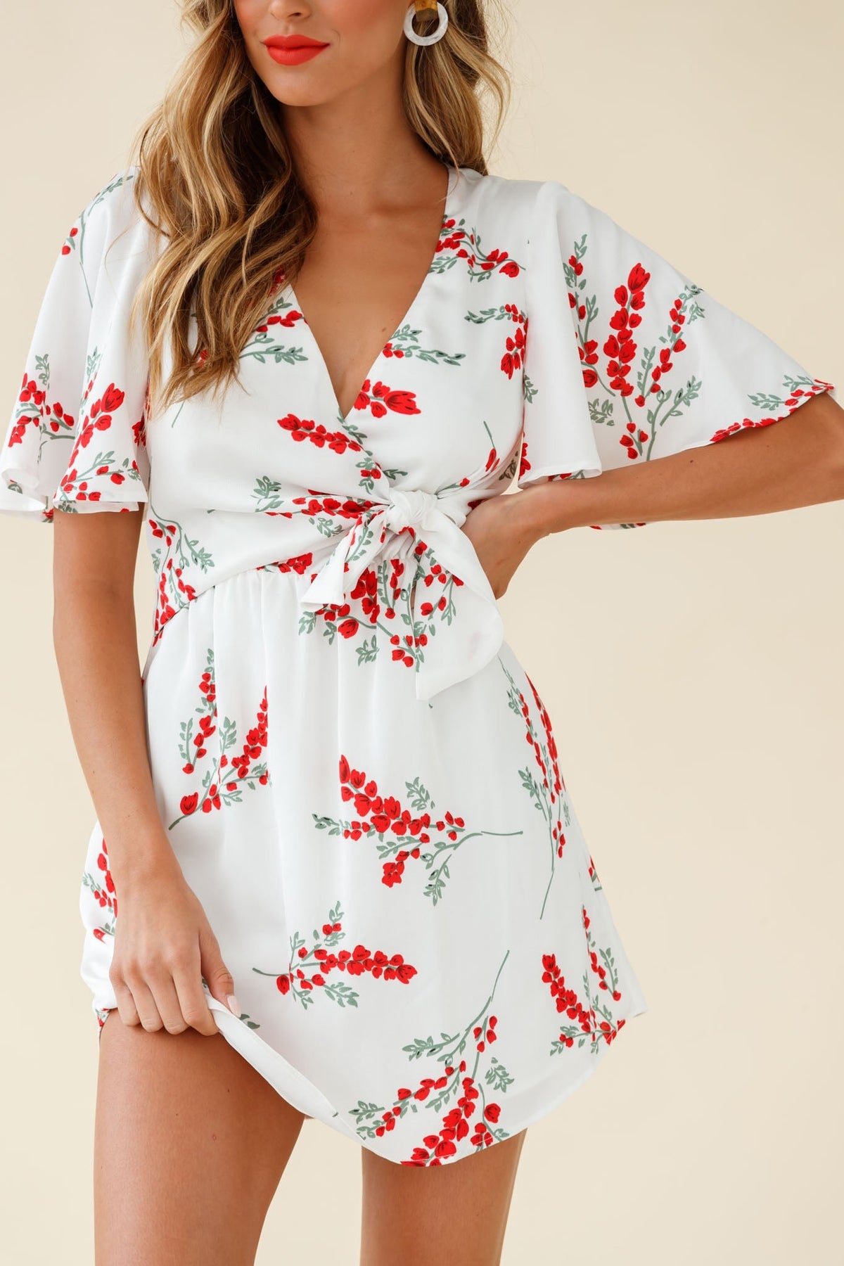 Stealing Hearts Flutter Sleeve Wrap Front Dress Floral Print White