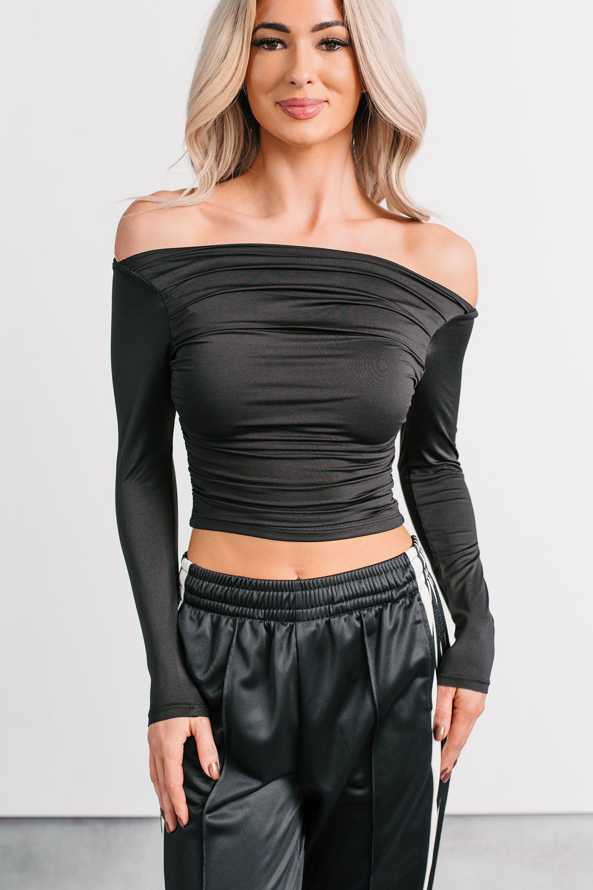 Rosy Reality Boat Neck Long Sleeve Crop Top (Black)
