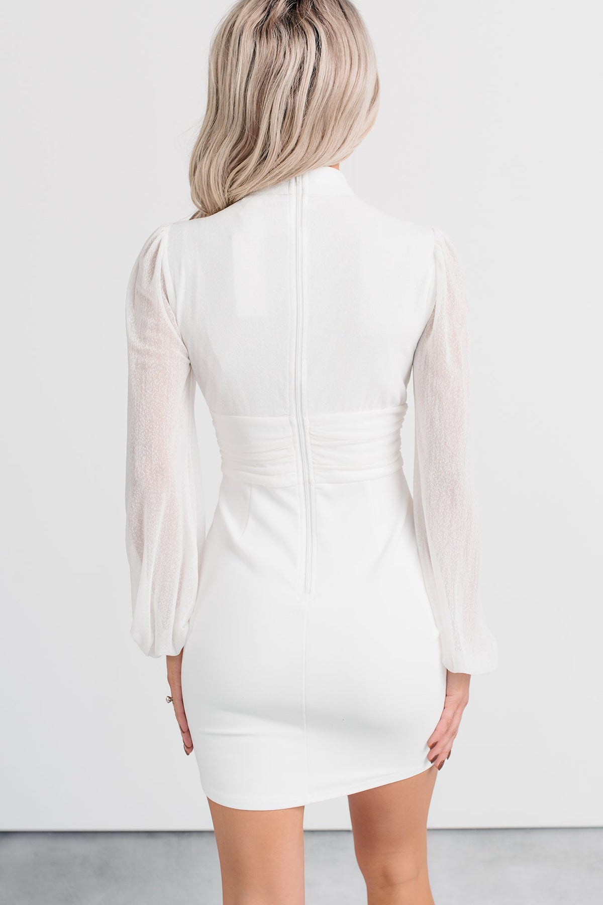 Divinely You Mock Neck Sheer Mini Dress (Off-White)