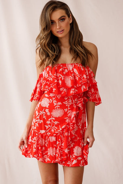 Audrina Off-Shoulder Wrap Dress Floral Print Red