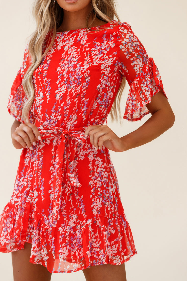 Azealia Ruffle Hem Dress Floral Spring Print Red