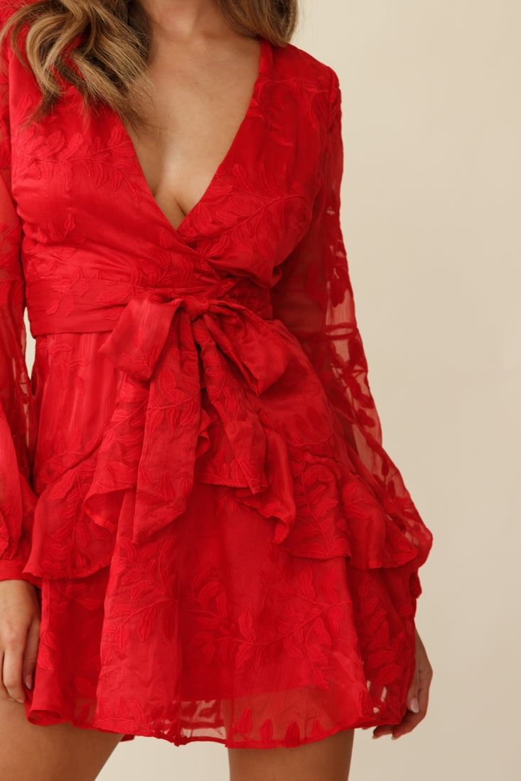 Kerry Layered Balloon Sleeve Dress Floral Embroidered Red