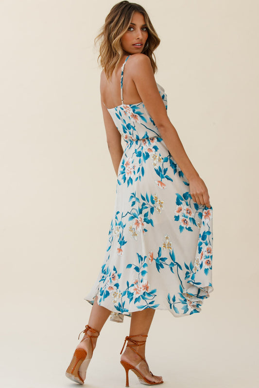 Ava Cowl Neck Drawstring Midi Dress Floral Print Mocha