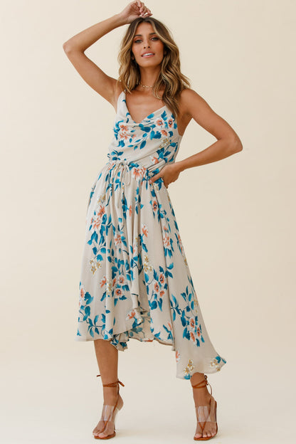 Ava Cowl Neck Drawstring Midi Dress Floral Print Mocha