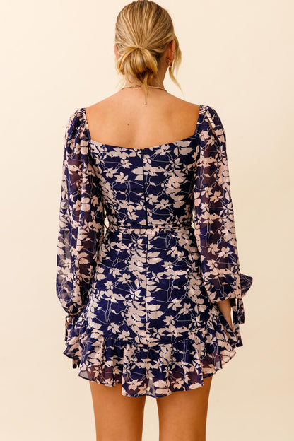 Make Memories Balloon Sleeve Molded Bust Dress Leaf Print Navy