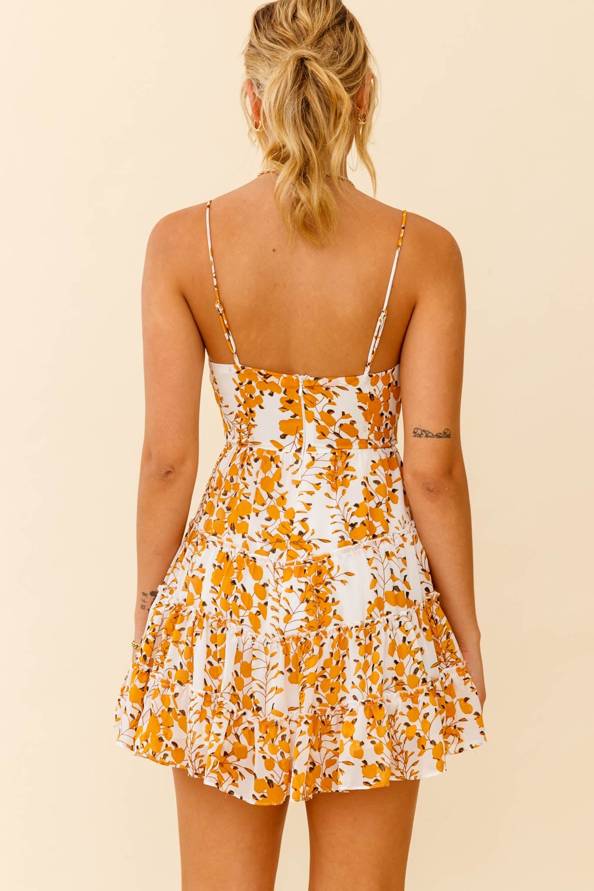 Jocelyn Cami Strap Waist Tie Ruffle Dress Floral Print Yellow