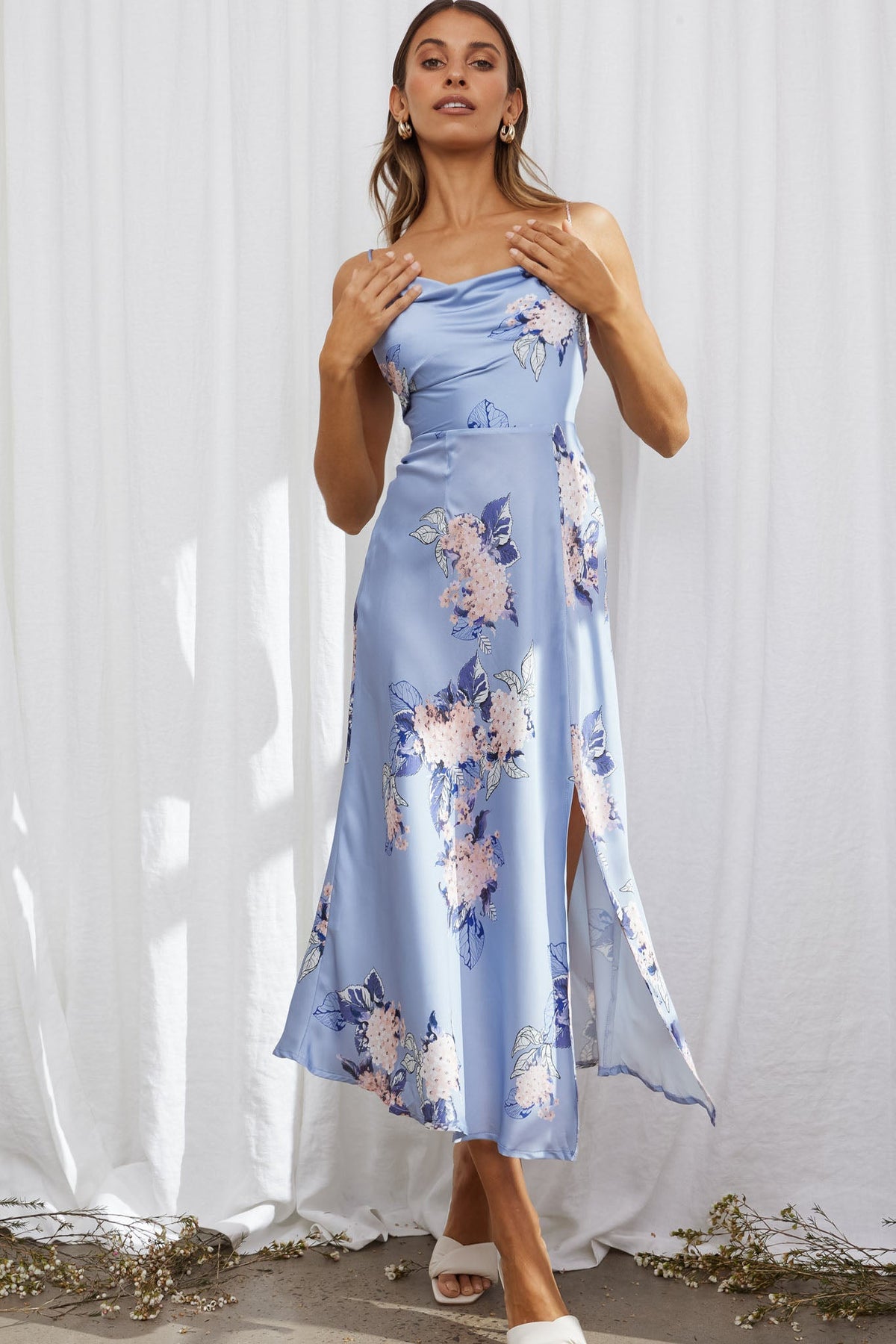 Suki Front Split Midi Dress Hydrangea Print Blue
