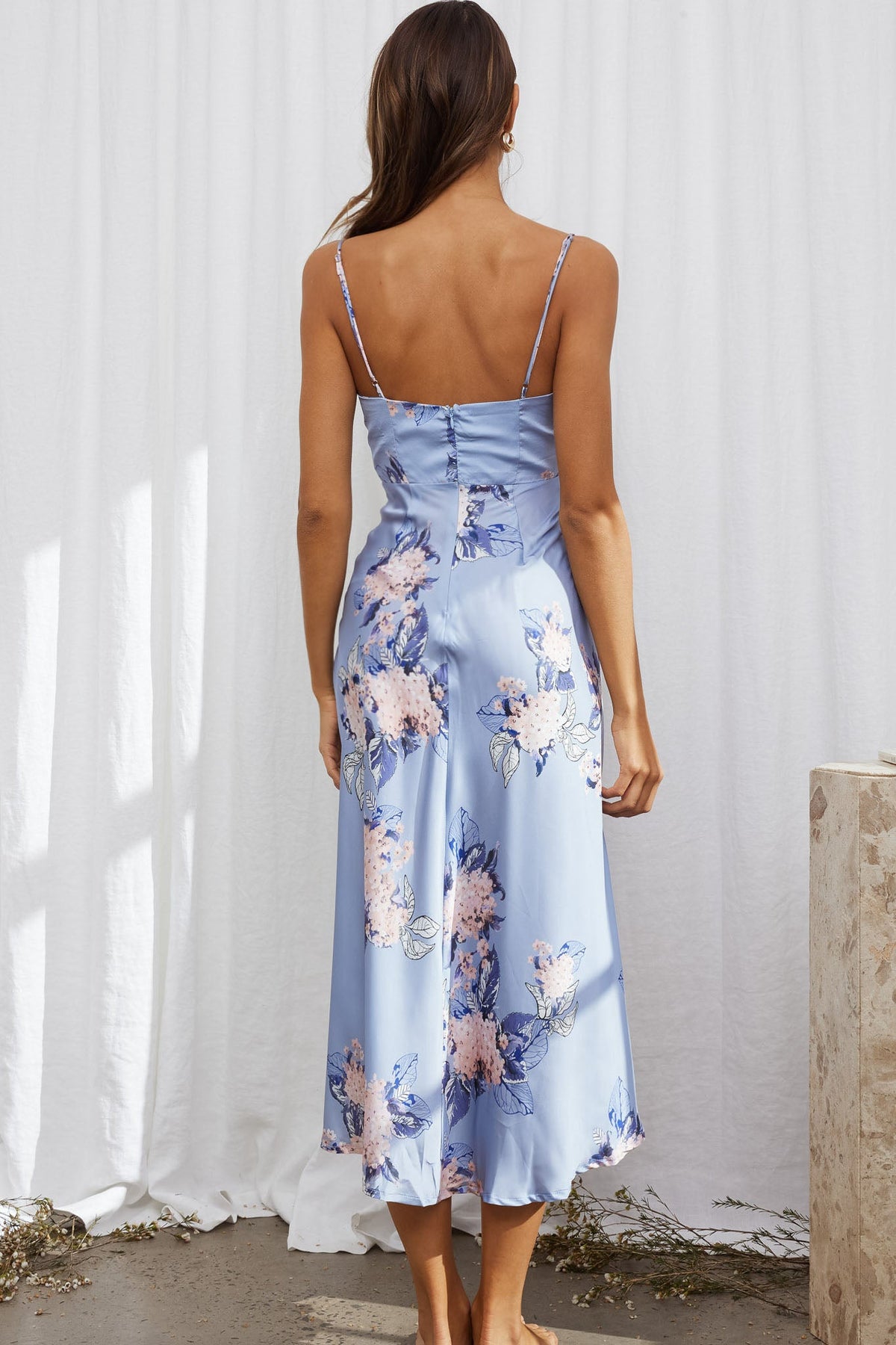 Suki Front Split Midi Dress Hydrangea Print Blue