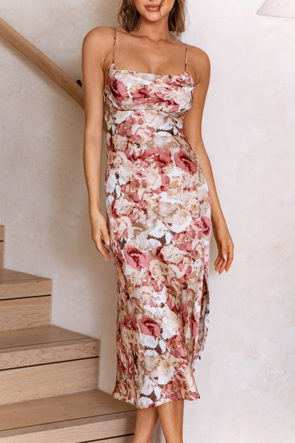 Well Versed Pleated Bust Front Split Dress Floral Abstract Print Rose